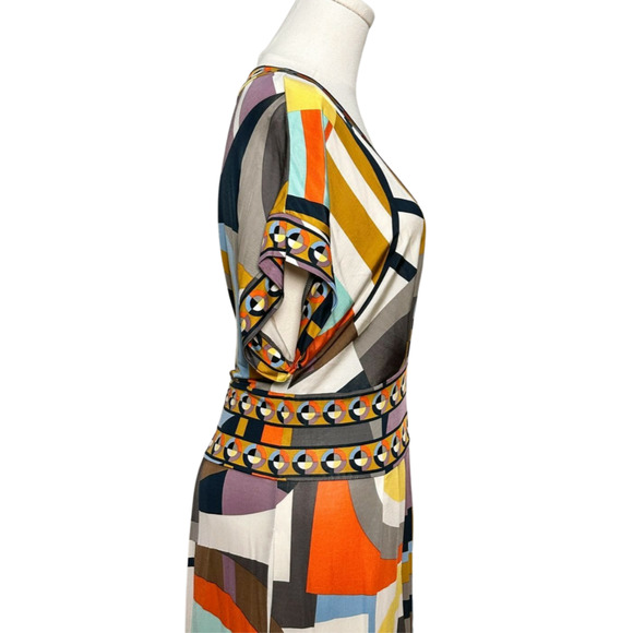 BCBG Max Azria NWT Geometric Plunging V Neck Dress Stretch Pockets Large - Picture 6 of 11